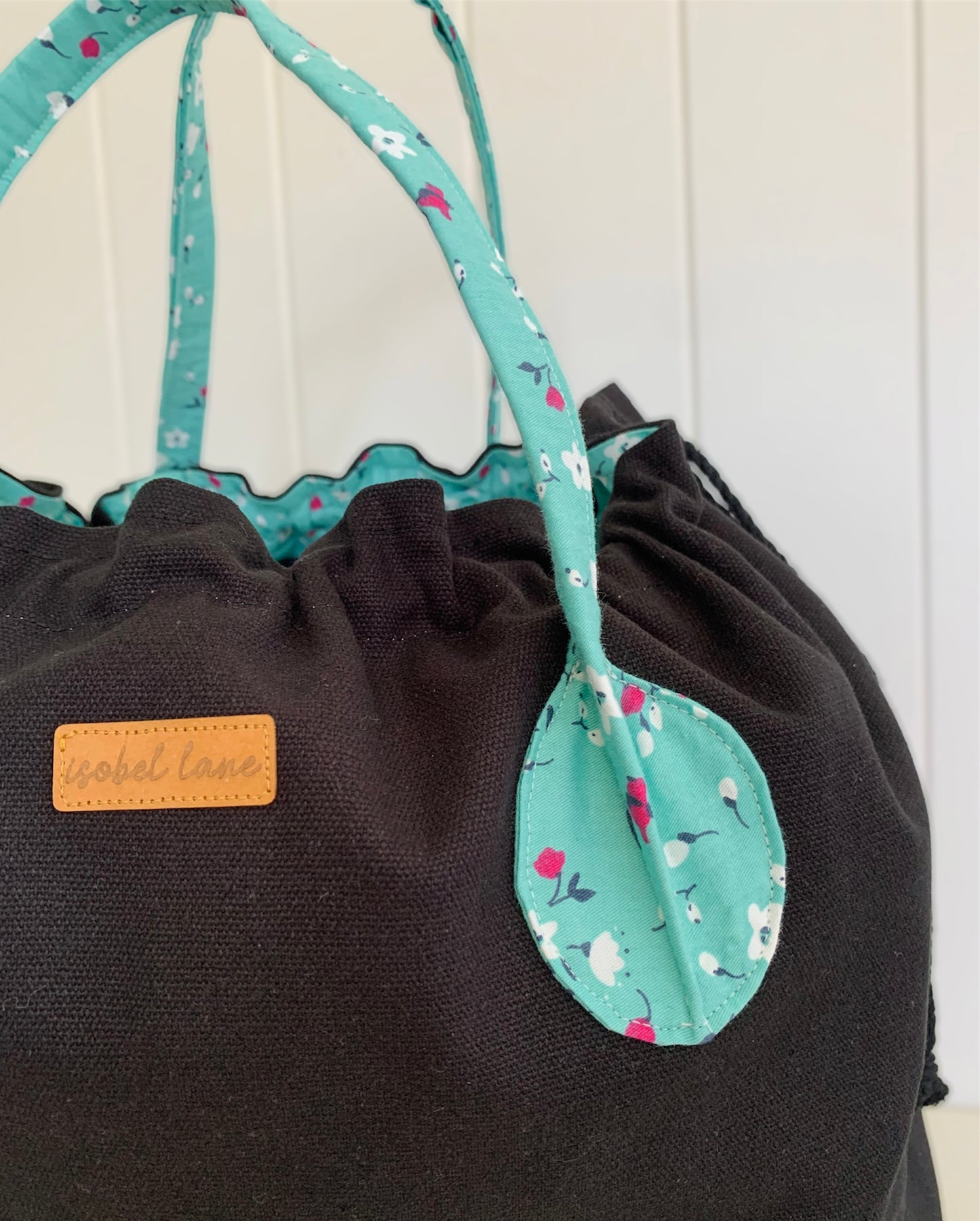 Teal Floral Black Weekend Overnight Cotton Canvas Tote Bag