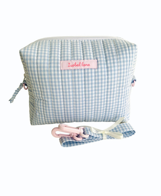 Large Blue Gingham Carry All Make Up Bag