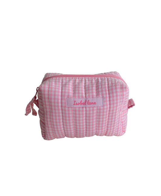 Small Light Pink Gingham Carry All Make Up Bag