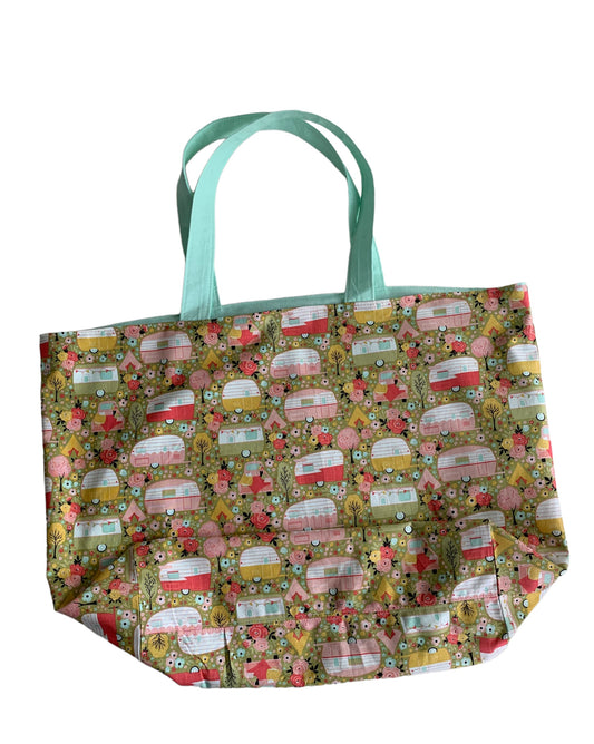 Floral Caravan Mint Green Cotton Reusable Shopping Tote Bag
