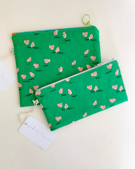 Bird Green Floral Zipper Pouch
