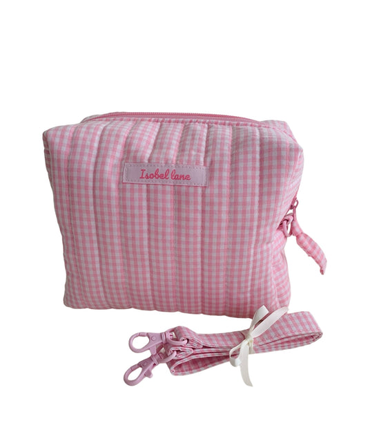 Large Light Pink Gingham Carry All Make Up Bag