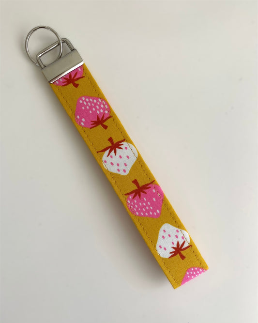 Mustard And Pink Strawberry Wristlet Key Chain