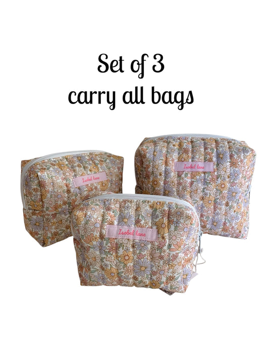 Set of 3 Spring Pastel Floral Carry All Make Up Bag