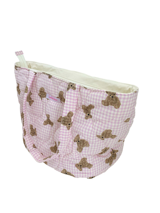 Pink Check Teddy Bear Quilted Cotton Weekend Tote Bag