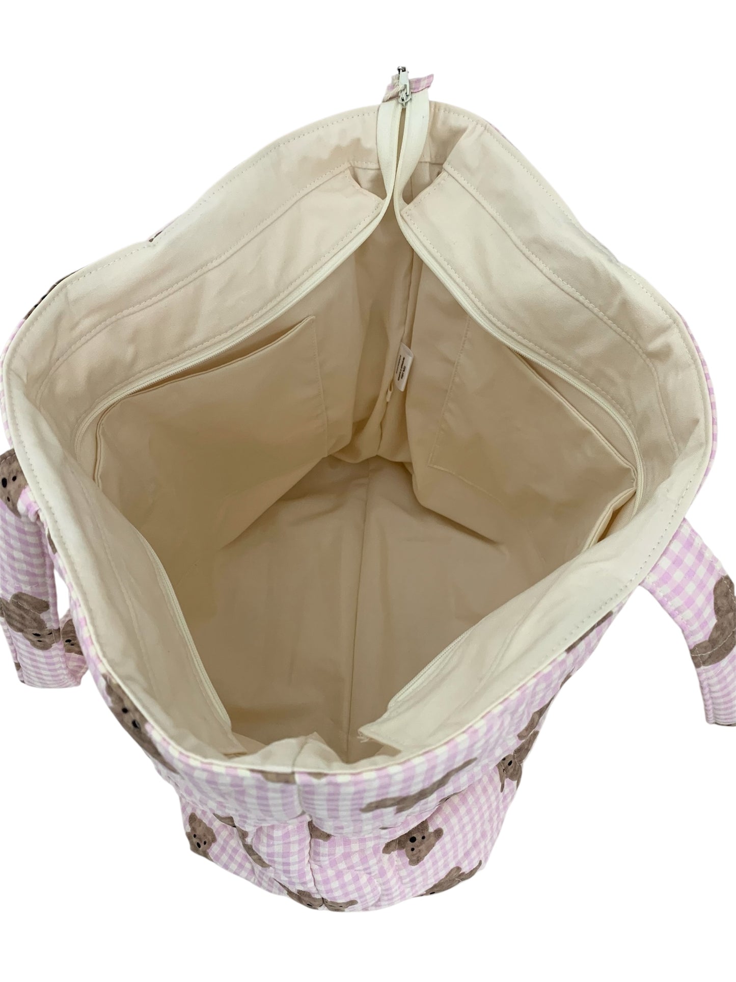 Pink Check Teddy Bear Quilted Cotton Weekend Tote Bag