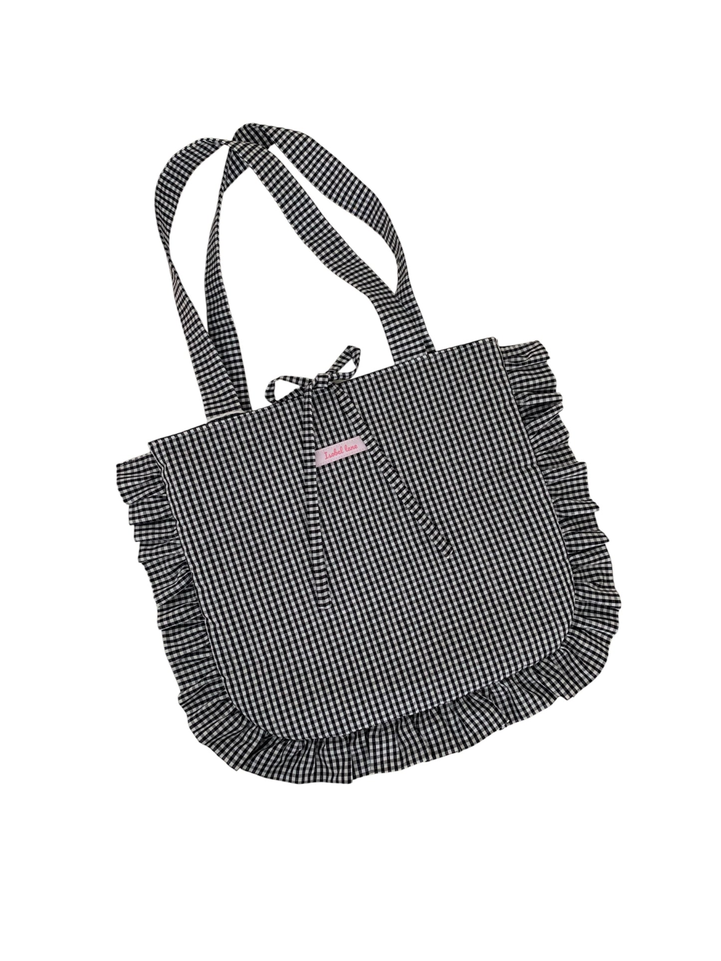 Black Gingham Frill Quilted Cotton Tote Bag