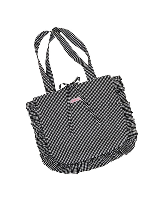 Black Gingham Frill Quilted Cotton Tote Bag