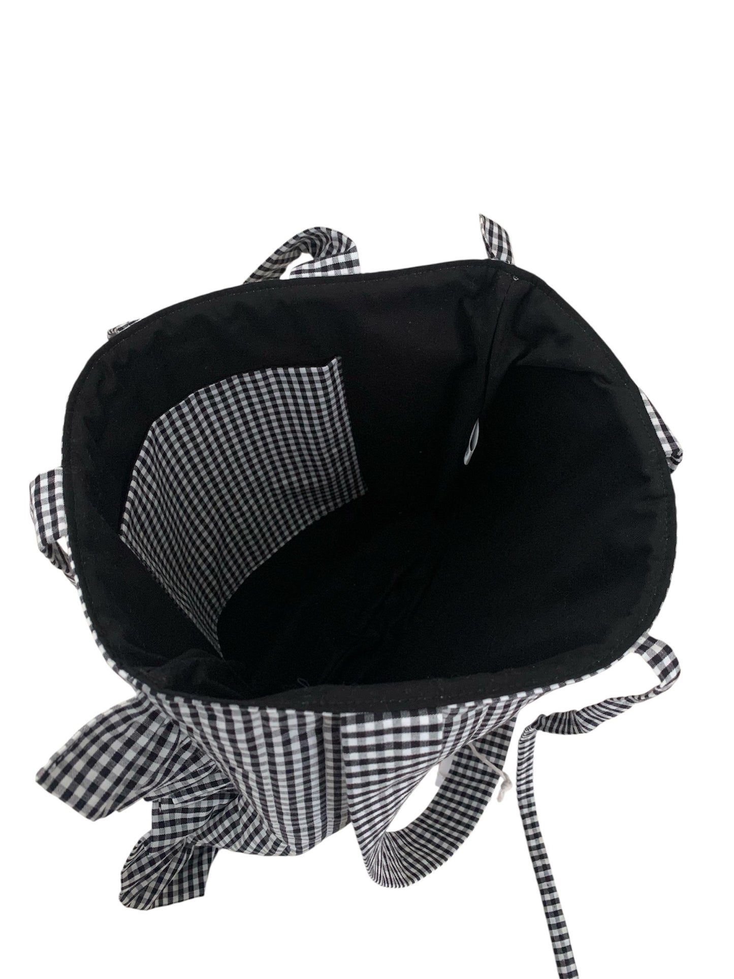 Black Gingham Frill Quilted Cotton Tote Bag