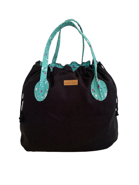 Teal Floral Black Weekend Overnight Cotton Canvas Tote Bag