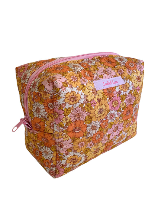 Large Pink Coral Mustard Floral Carry All Make Up Bag