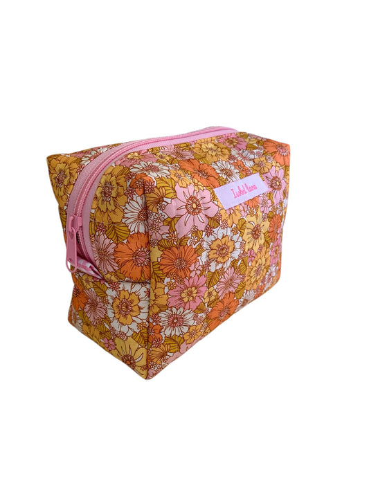 Medium Pink Coral Mustard Floral Carry All Make Up Bag
