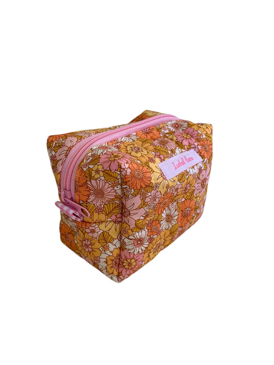 Small Pink Coral Mustard Floral Carry All Make Up Bag