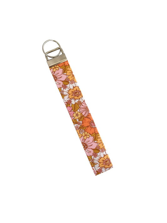 Pink Coral Mustard Floral Wristlet Key Chain