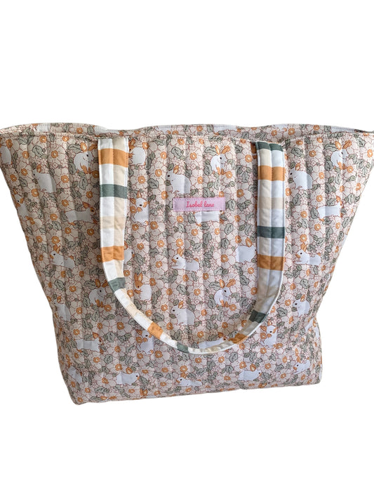 Rabbit Blossom Check Quilted Cotton Tote Bag