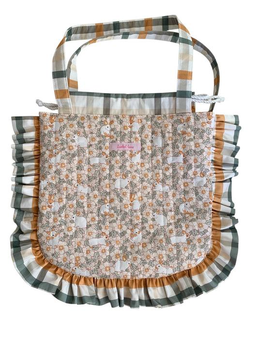 Rabbit Blossom Check Frill Quilted Cotton Tote Bag