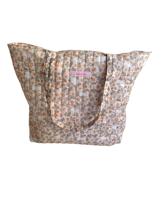 Rabbit Blossom Floral Quilted Cotton Weekend Tote Bag