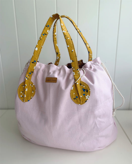 Pink Mustard Floral Weekend Overnight Cotton Canvas Tote Bag