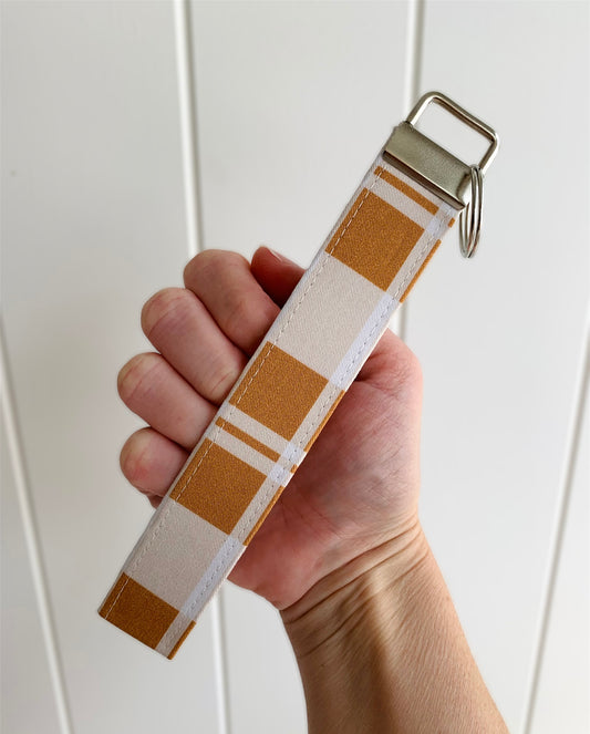 Beige And Mustard Plaid Wristlet Key Chain