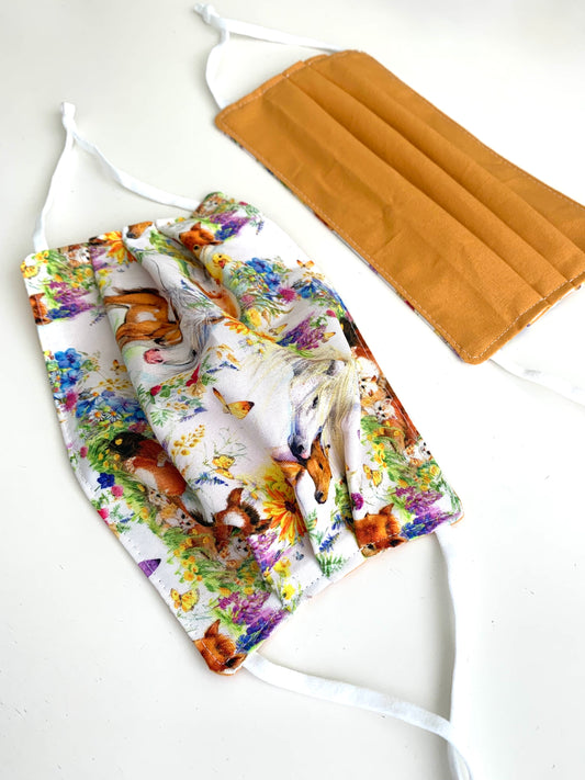 Mustard Floral Horse Cotton Pleated Face Covering Mask