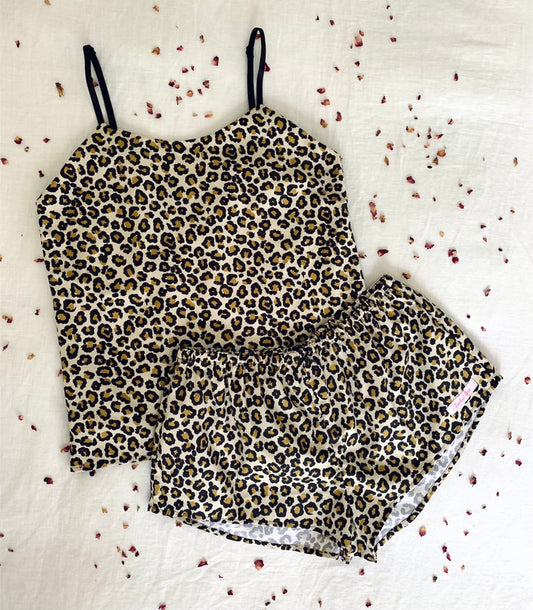 Womens Leopard Print Cotton Camisole Pyjama Cami Set