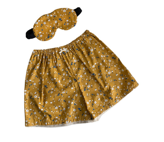 Womens Mustard Yellow Floral Flower Cotton Pyjama Shorts Sleep Mask Set
