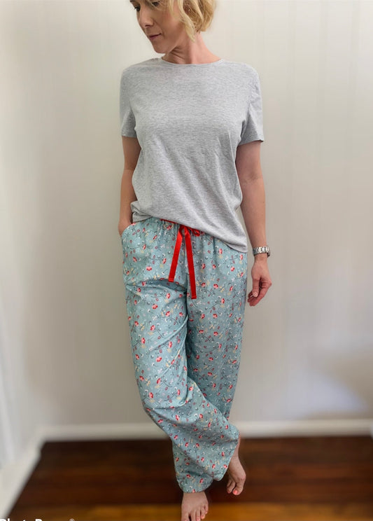 Womens Aqua Flannelette Cotton Floral Pyjama Pants