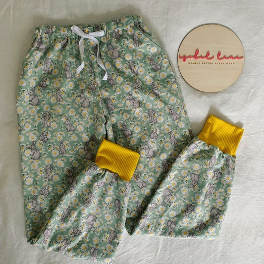 Womens Green Cotton Flannelette Bunny Rabbit Daisy Mustard Cuffs Pyjama Pants