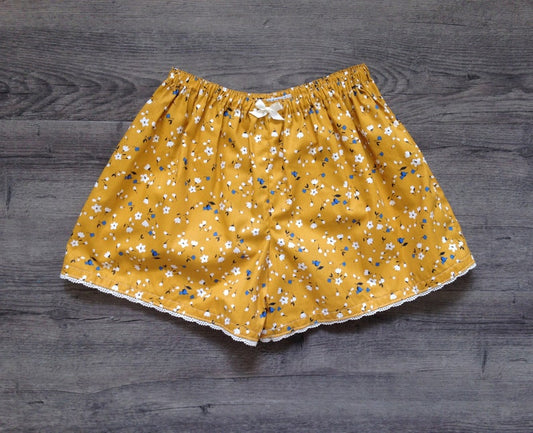 Womens Mustard Floral Cotton Pyjama Shorts