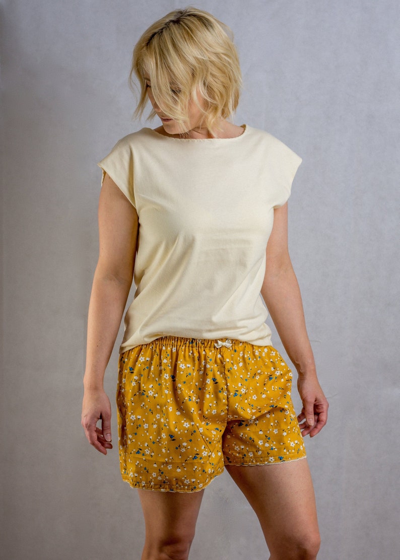 Womens Mustard Floral Cotton Pyjama Shorts