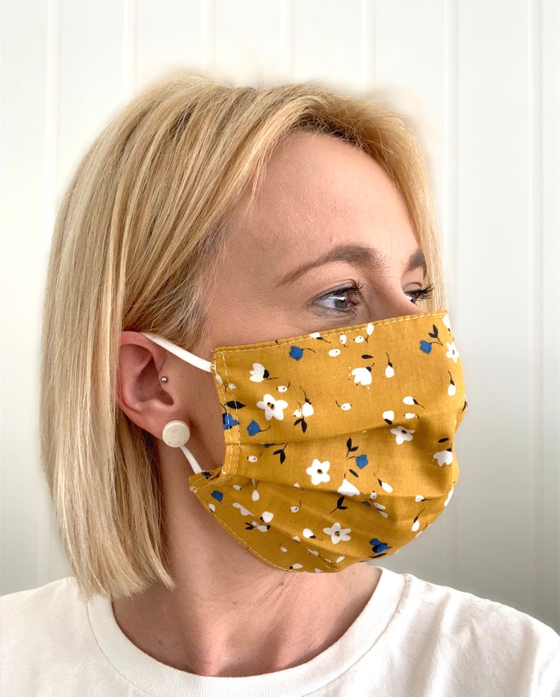 Mustard Floral Yellow Cotton Pleated Face Covering Mask