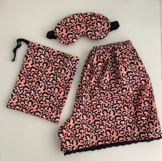 Womens Pink Leopard Print Cotton Pyjama Shorts Sleep Mask Set