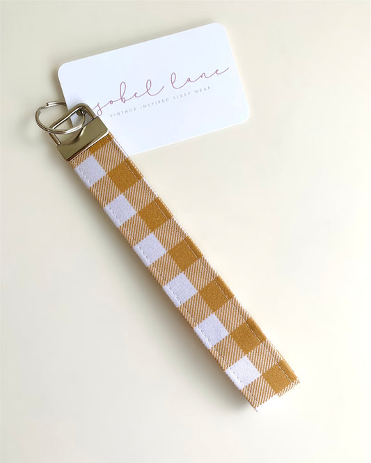 Mustard Gingham Cotton Wristlet Key Chain