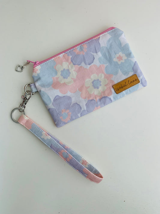 Pastel Pink And Blue Flower Cotton Small Wristlet Zipper Pouch
