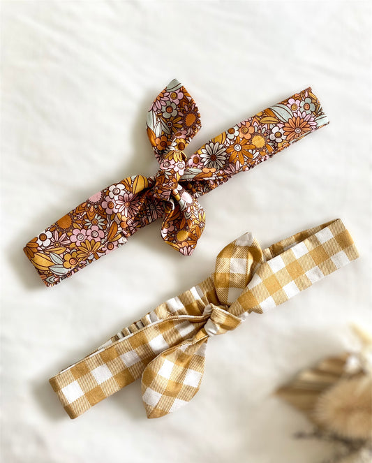 Womens Cotton Mustard Floral Gingham Knotted Headband