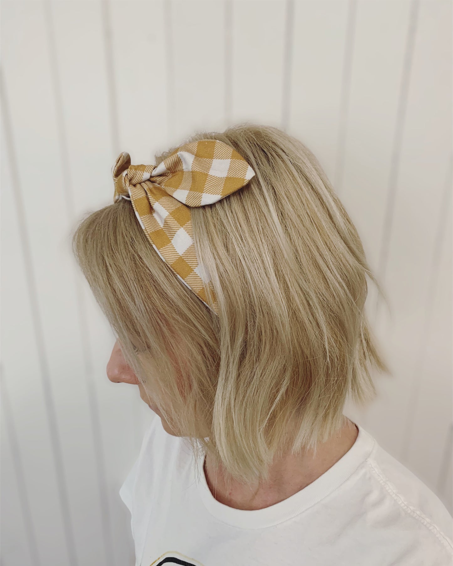 Womens Cotton Mustard Floral Gingham Knotted Headband